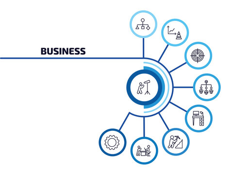 business infographic element with outline icons and 9 step or option. business icons such as man looking, hierarchy structure, circular target, hierarchical order, work table, worker digging a hole,
