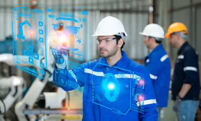 A group of engineers is controlling a welding robot hand with AI innovation for precise welding control fast and safe