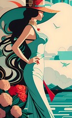 Graphic silhouette of a Beautiful woman in big hat on a yacht on sea illustration art deco generative ai