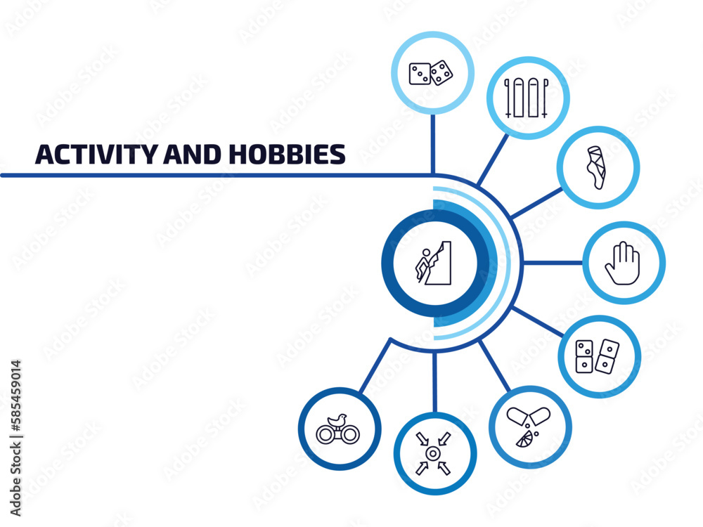 Aufkleber activity and hobbies infographic element with outline icons and 9 step or option. activity and hobbi