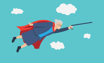 illustration vectorielle montrant une grand mère est déguisée en super héros et vole dans le ciel avec sa canne et une cape sur le dos. Concept  illustrant une personne âgée en bonne santé - obrazy, fototapety, plakaty