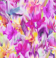 Seamless pattern with digital blurred tropical flowers. Modern trend print for fabric - 585459053