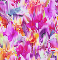 Seamless pattern with digital blurred tropical flowers. Modern trend print for fabric - 585459054