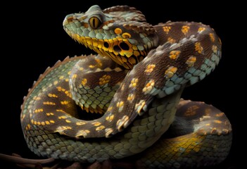 Fototapeta premium Brown spotted green pitviper or pit viper, curled up with head high. High detail. Looking towards camera. Isolated cutout on transparent background. Generative AI