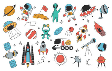 Space rocket astronaut planet cute alien doodle line style concept set. Vector graphic design illustration