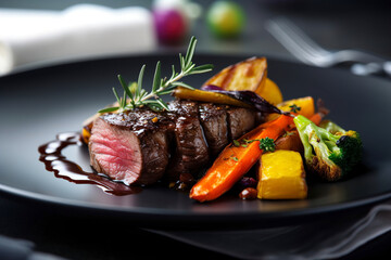 A beautifully plated dish of perfectly cooked steak. (Generative AI)