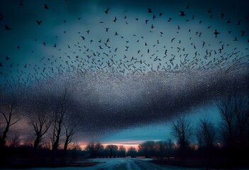 Beautiful large flock of starlings. A flock of starlings birds fly in the Netherlands. During January and February, hundreds of thousands of starlings gathered in huge clouds. Starling. Generative AI