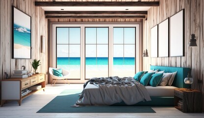 Beach bedroom interior - Modern & Luxury vacation, 3D render, Generate Ai
