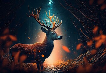 A deer is getting lost in the forest. Lovely deer. Beautiful old forest. Deer illustration. Generative AI