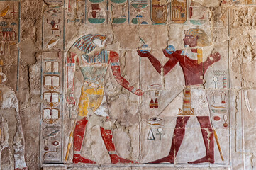 Hieroglyphics in the Temple of Hatshepsut, Luxor, Egypt