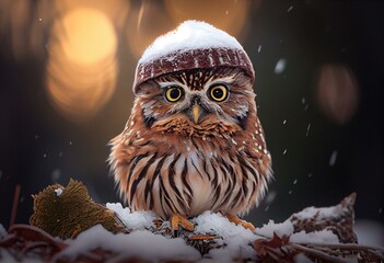 Little owl wearing a beanie hat in the snow. Generative AI