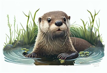 Illustration of a cute cartoon otter. Cute animals. Transparent, png. Generative AI