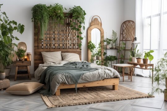 Classy home and apartment idea. Bohemian bedroom with comfy bed, cushions, tartan, green houseplants near mirror and commode against white wooden wall. Generative AI
