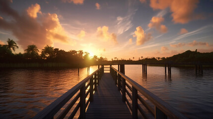Fototapeta na wymiar sunset on the lake, generative ai