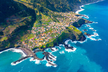 Aerial view of Madeira island. Land meets ocean in Seixal, Madeira, Portugal