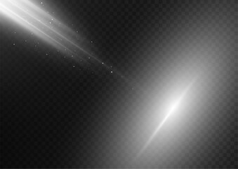 Light effect on a black transparent background. Flying glowing sparkles. Glowing star with sparkles. Lighting lines. Vector illustration