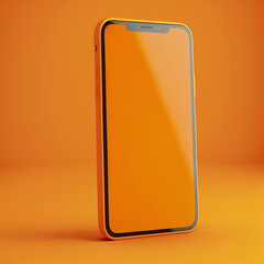 Orange smartphone on an orange background. Generative AI.