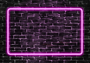 Neon purple glowing frame on a brick wall texture cyberpunk style 