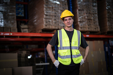 Caucasian male warehouse worker in warehouse distribution center environment.