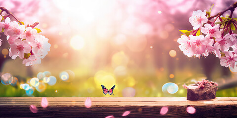 Spring background with empty wooden table. Natural template for product display with cherry blossoms bokeh and sunlight. generative ai. Wooden table in spring blooming cherry orchard with butterflies - obrazy, fototapety, plakaty