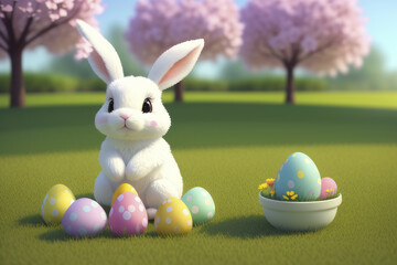 Happy Easter White bunny rabbit sitting in a field with a bunch of yellow painted eggs in front of it and trees and flowers in the background. generative ai illustration.