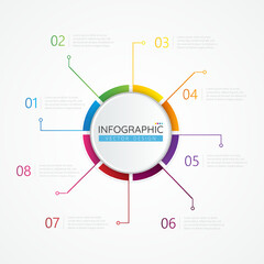 Business data circular Infographic design template with icons and 8 options or steps. Abstract elements of graph, diagram, parts or processes. Vector template for presentation.