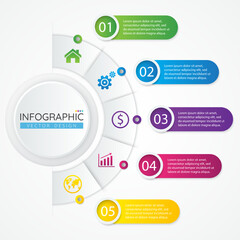 Business infographic design template with icons and 5 options or steps for presentations banner, workflow layout, process diagram, flow chart, info graph. Vector infographics for business concept.