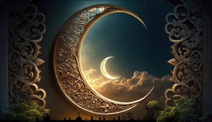 ramadan crescent moon, Generate Ai - obrazy, fototapety, plakaty