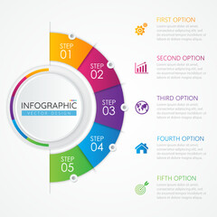 Business circle infographic design template with icons and 5 options or steps. Abstract elements of graph, diagram, parts or processes. Vector template for presentation.