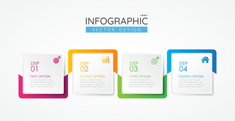 Business infographic design square template with icons and 4 options or steps. Abstract elements of graph, diagram, parts or processes. Vector template for presentation.