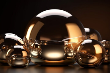 Luxurious Golden Metallic Glass Sphere Cosmetics with Collagen Drops for Skin Care - 3D Render. Generative AI.