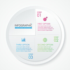 Business circle infographic design template with icons and 3 options or steps. Abstract elements of graph, diagram, parts or processes. Vector template for presentation.