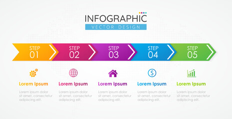 Obraz premium Timeline infographic design template with icons and 5 options or steps. Abstract elements of graph, diagram, parts or processes. Vector template for presentation.