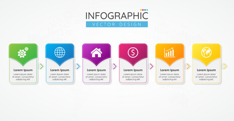 Infographic design business template with icons and 6 options or steps for process diagram, presentations, workflow layout, banner, flow chart, info graph. Vector illustration.