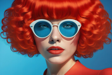 Fashion and red. Stylish, girl with bright red hair and sunglasses posing in the studio. Hairstyle, hair coloring.. generative ai