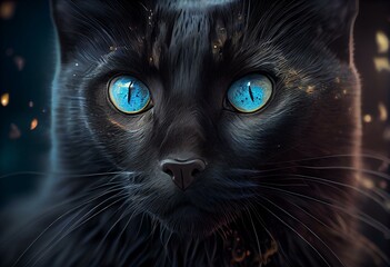 A fascinating illustration of a mystical black cat with bright blue eyes. This feline has an air of wisdom and mystery, as if he came from another universe. With an elegant collar,. Generative AI