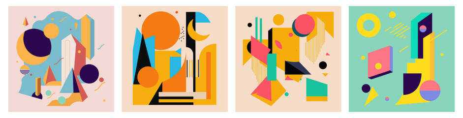 Set of retro posters in y2k style. Geometric minimalist posters from the 70s and 90s. Modern, unique paintings with geometric shapes