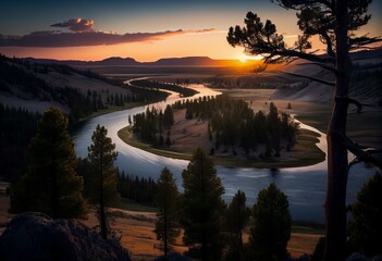 Fototapeta premium Overlooking the Yellowstone river at the break of dawn, on a summer morning, from Hayden Valley. Yellowstone National Park, Wyoming, USA. Generative AI