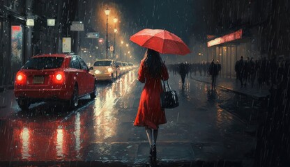 illustration painting of woman red shirt with red umbrella crossing the street,rainy night, Generate Ai