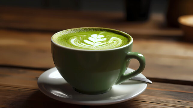 Matcha green latte tea in cup, matcha powder on wood dark background