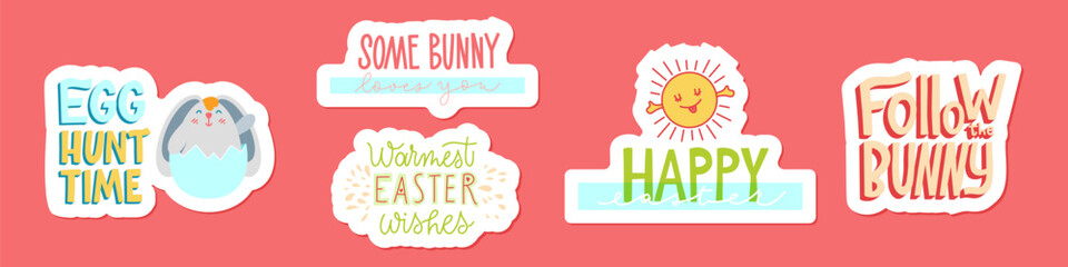 Joyful Happy Easter hand-drawn lettering set for greeting cards, social media posts, stickers. Colorful candy pastels spring vector illustration in flat style.