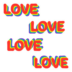 Love text in rainbow colors with layers and different angles. Flat style vector object design for romance, equality, pride month celebration for every gender. Graphic design isolated on white.