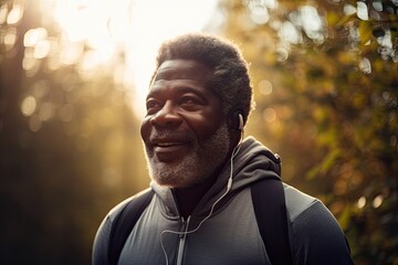 Fitness,  portrait and running for health and wellness,headphone and senior black man, music and exercise in nature park, Elderly runner, streaming and podcast while training,generative ai.