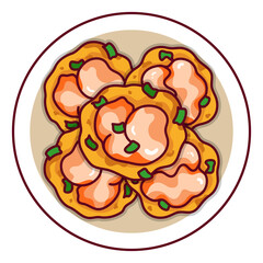 Vietnamese shrimp pancakes (Bánh Khọt) illustration vector. Asian vietnamese food shrimp pancakes icon top view. Vietnamese crispy pancake with prawn cartoon.
Vietnam food menu icon vector.