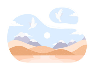 Sand desert landscape with flying doves vector illustration. Cartoon minimalist wild yellow dunes, terrain with hills and mountain peaks on horizon, white pigeons fly in blue sky over dry land