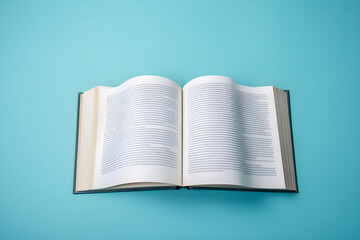 Open book on blue background, top view, flat lay, Generative AI