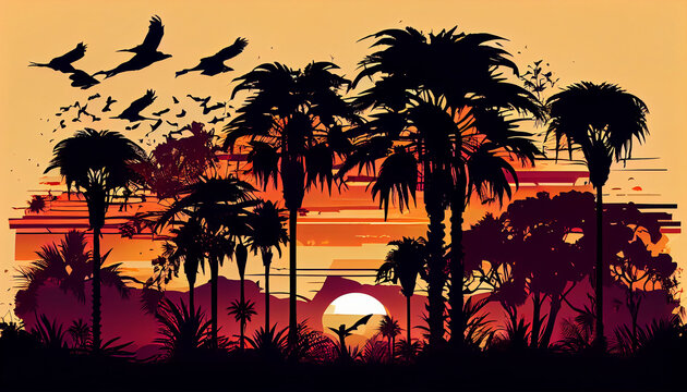 Summer background with palm trees and birds at sunset dark Ai generated image