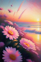 An artistic painting of pink flowers