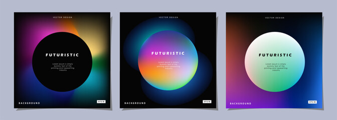 Set of colorful posters. Circle shape with neon lights. Abstract background with liquid gradient for banner, cover, social media posts.