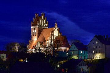 church in the city of Gniew at night, Poland